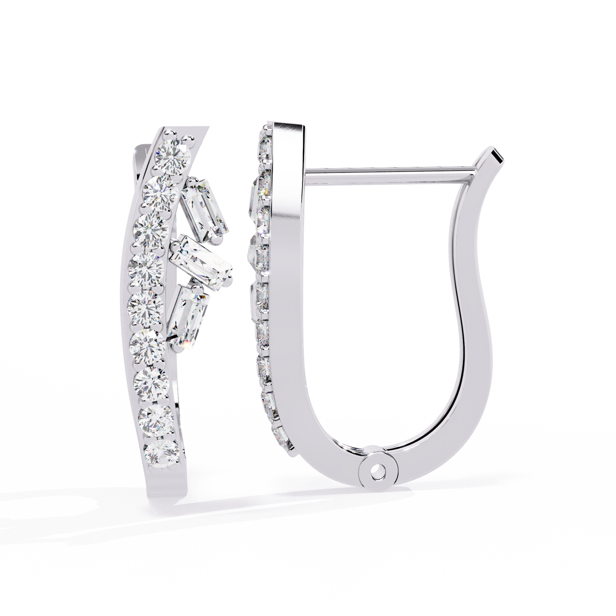 0.4 CTW baguette and round diamond sculptural hoop earrings in White Gold, angled view – Lunéa Paris