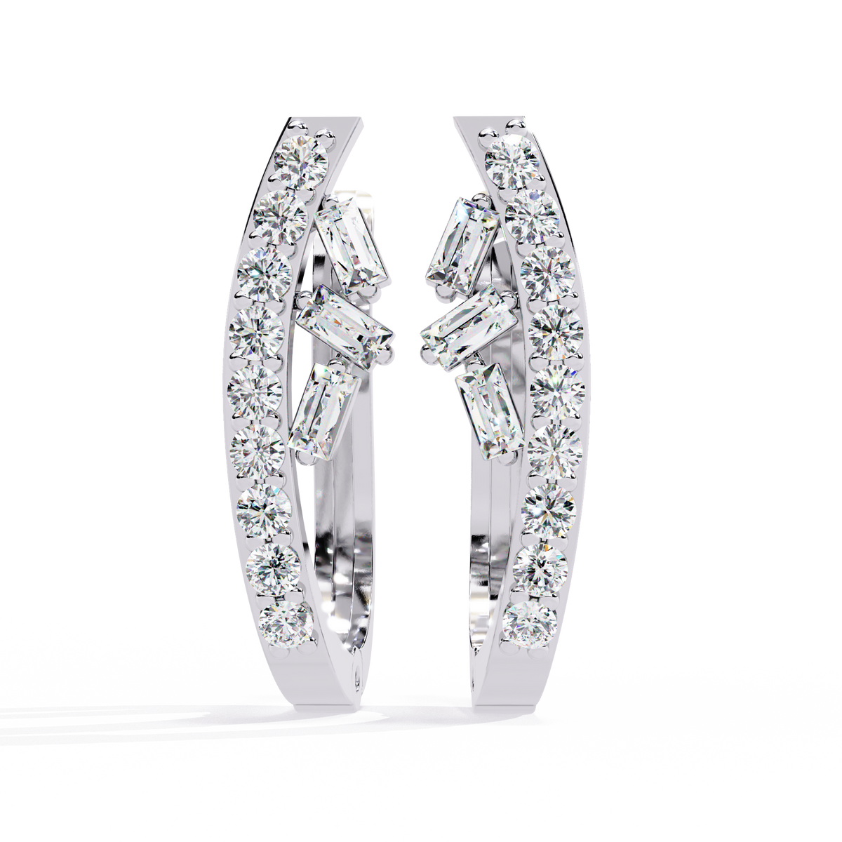 0.4 CTW baguette and round diamond sculptural hoop earrings in White Gold, front view – Lunéa Paris