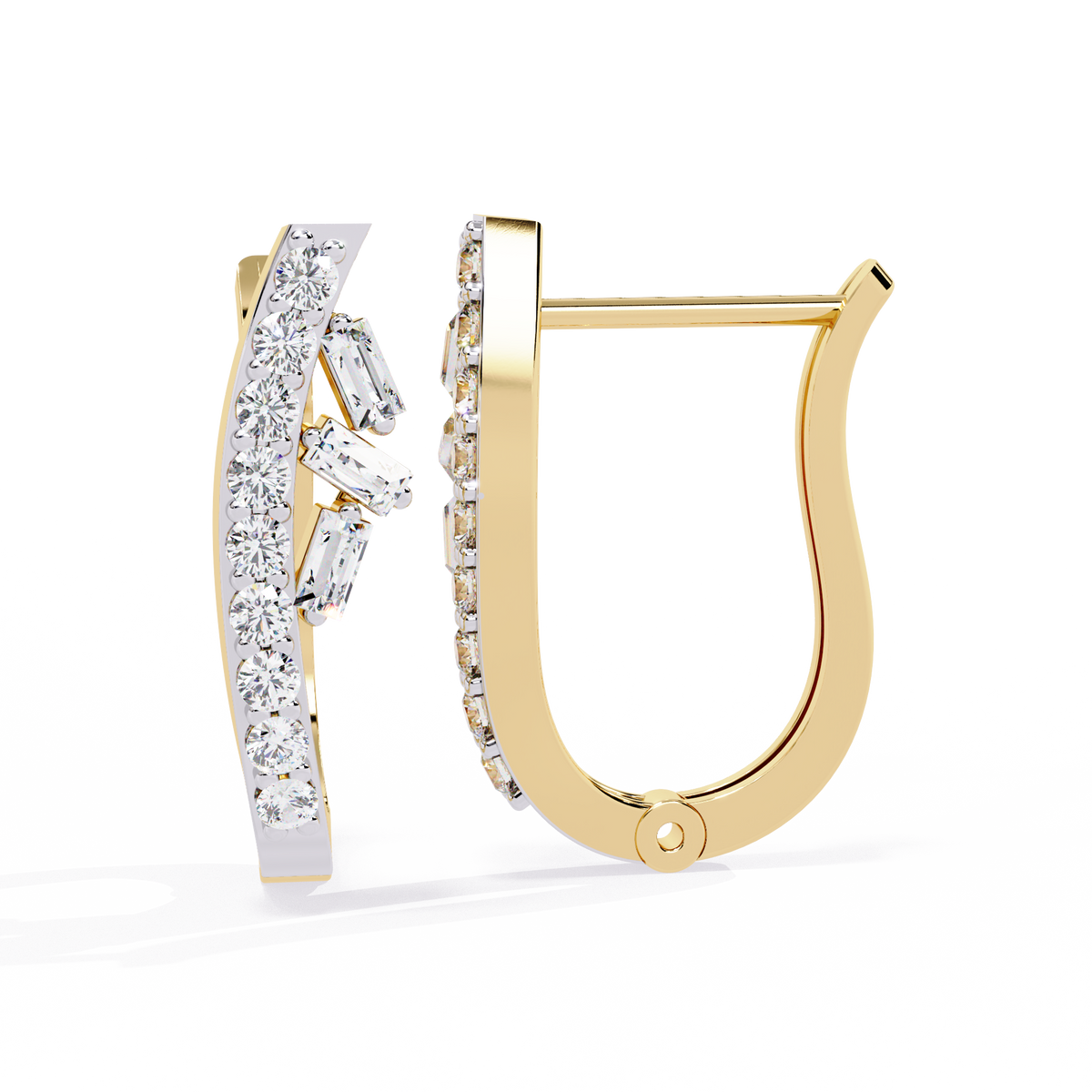 0.4 CTW baguette and round diamond sculptural hoop earrings in Yellow Gold, angled view – Lunéa Paris