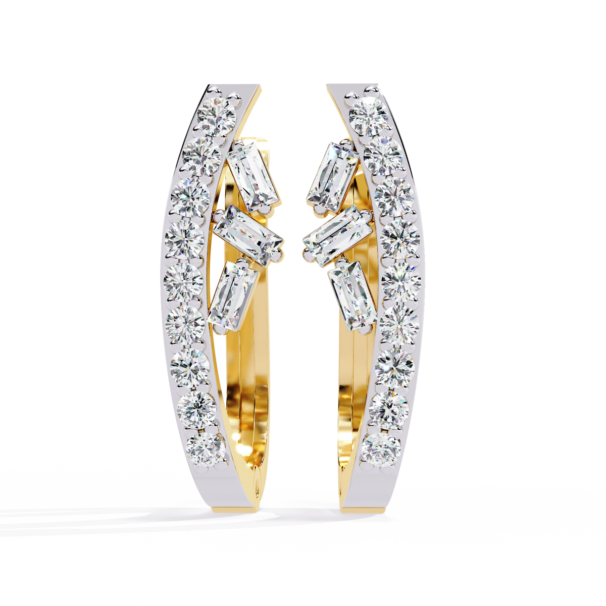 0.4 CTW baguette and round diamond sculptural hoop earrings in Yellow Gold, front view – Lunéa Paris