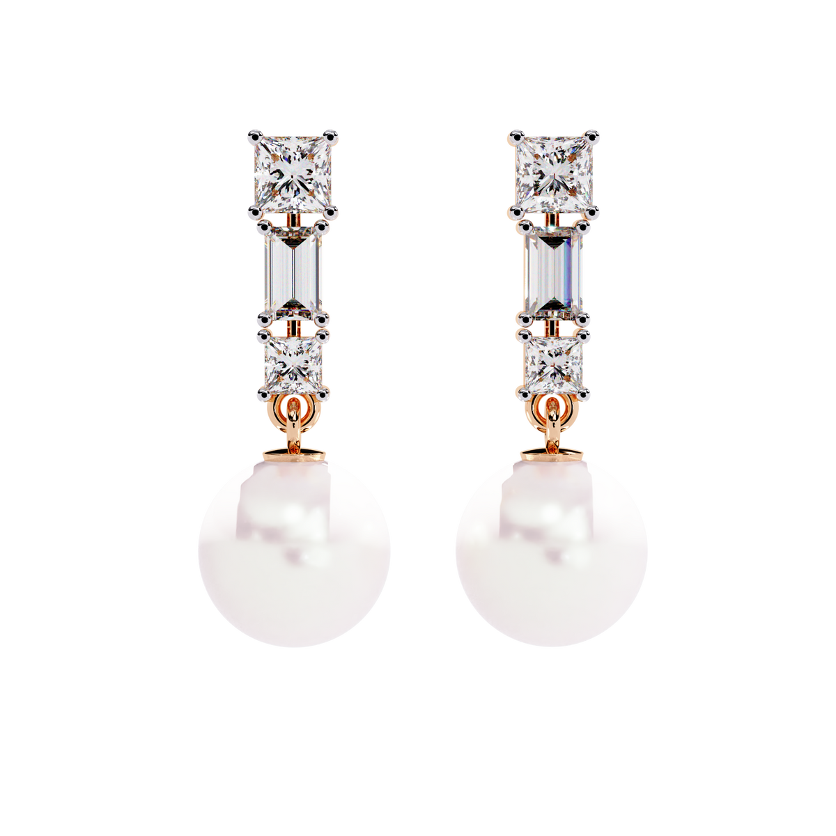 2.1 CTW princess and baguette diamond pearl drop earrings in Rose Gold, front view – Lunéa Paris