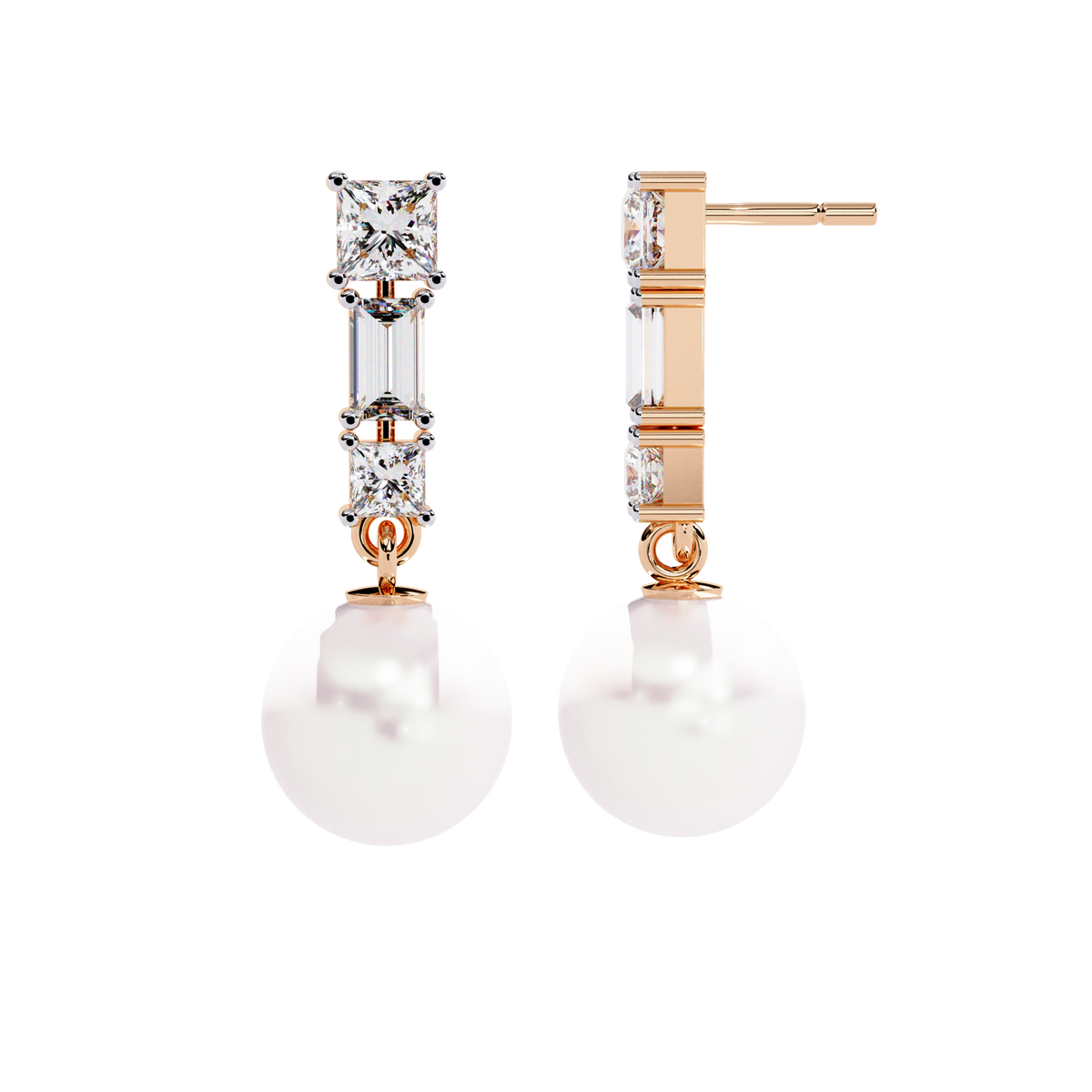 2.1 CTW princess and baguette diamond pearl drop earrings in Rose Gold, side view – Lunéa Paris