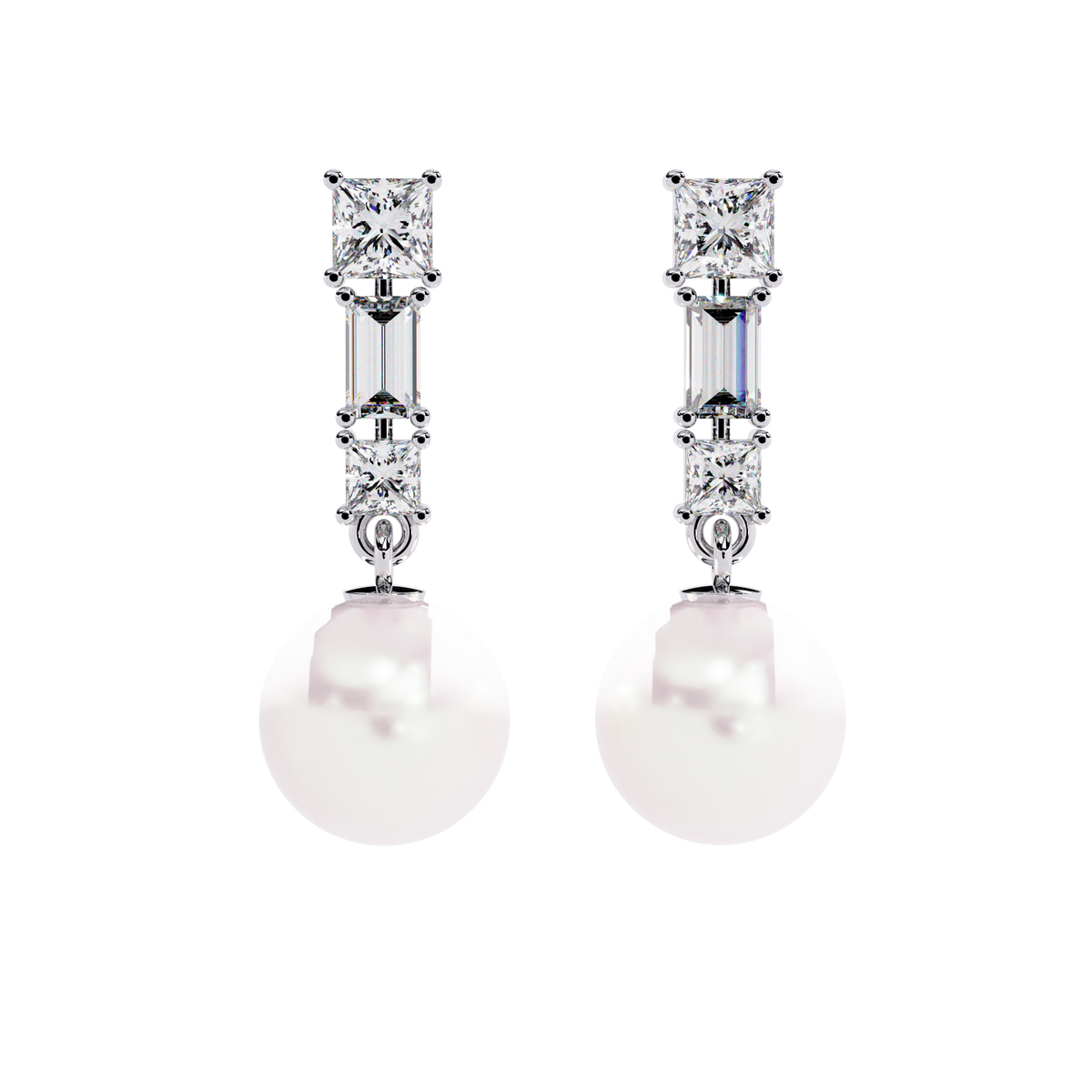 2.1 CTW princess and baguette diamond pearl drop earrings in White Gold, front view – Lunéa Paris