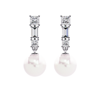 2.1 CTW princess and baguette diamond pearl drop earrings in White Gold, front view – Lunéa Paris