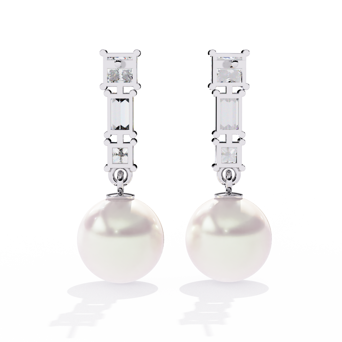 2.1 CTW princess and baguette diamond pearl drop earrings in White Gold, rear view – Lunéa Paris