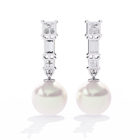 2.1 CTW princess and baguette diamond pearl drop earrings in White Gold, rear view – Lunéa Paris