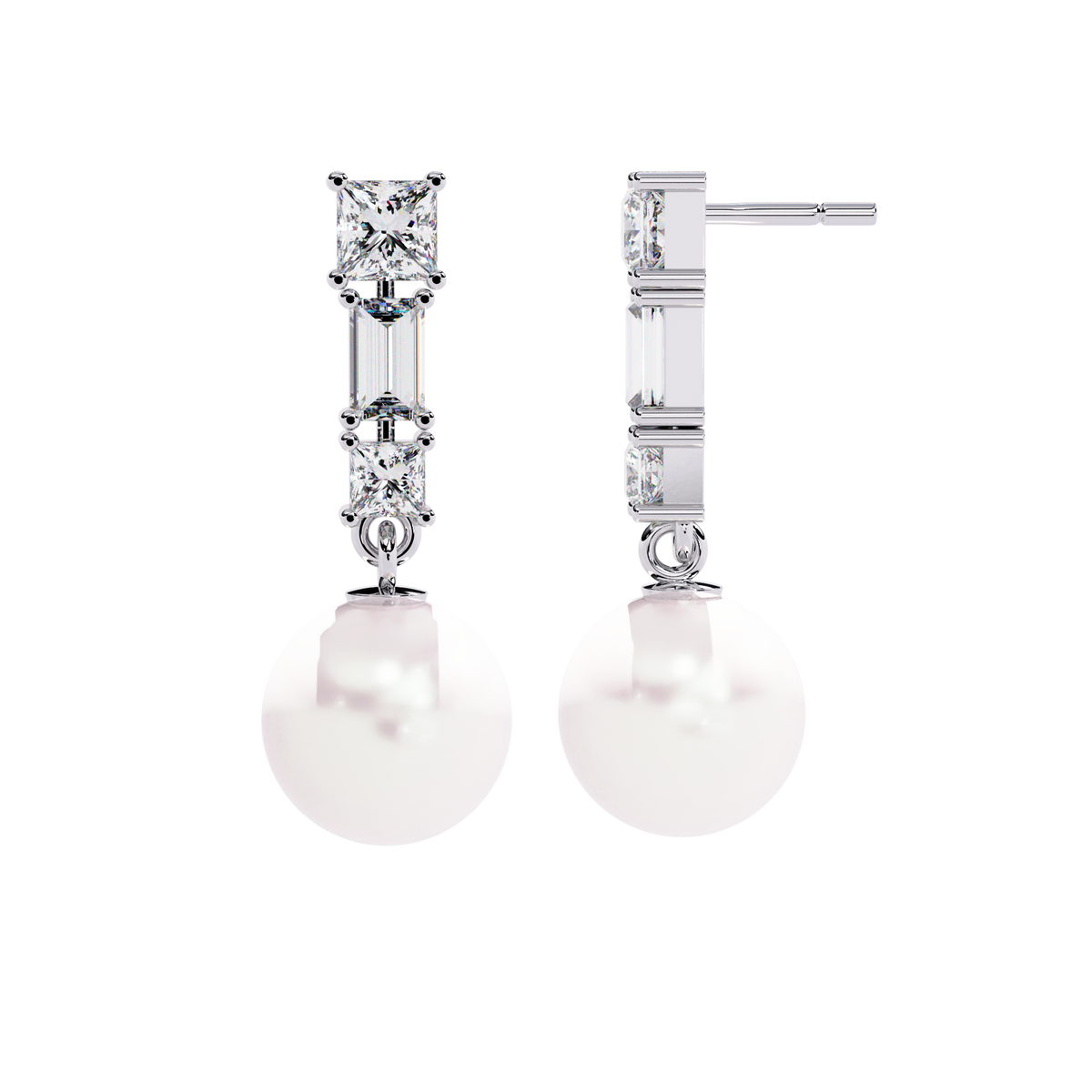 2.1 CTW princess and baguette diamond pearl drop earrings in White Gold, side view – Lunéa Paris