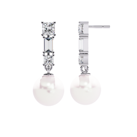2.1 CTW princess and baguette diamond pearl drop earrings in White Gold, side view – Lunéa Paris