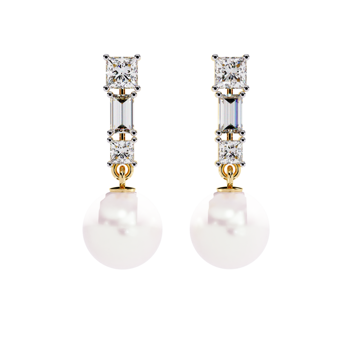 2.1 CTW princess and baguette diamond pearl drop earrings in Yellow Gold, front view – Lunéa Paris