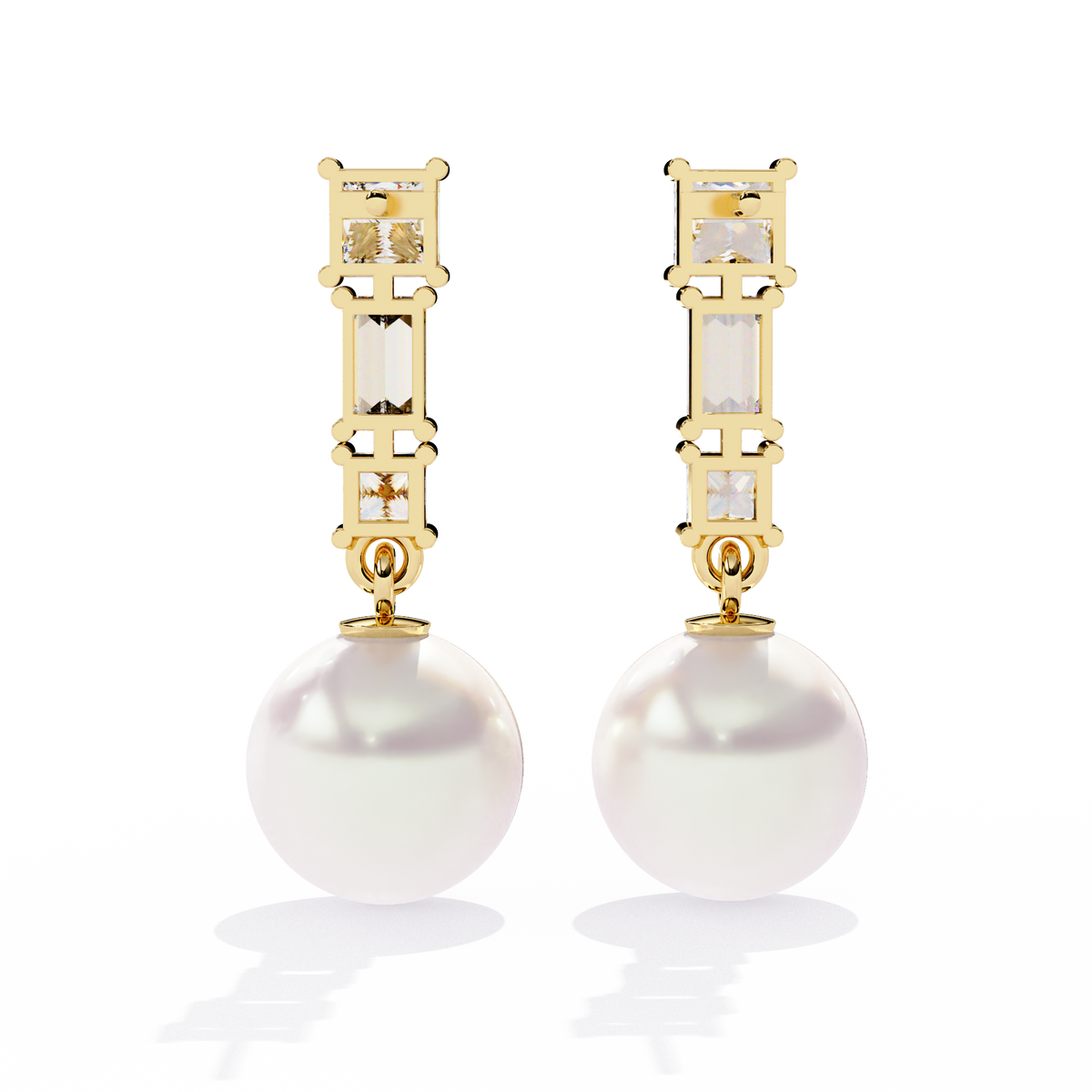 2.1 CTW princess and baguette diamond pearl drop earrings in Yellow Gold, rear view – Lunéa Paris