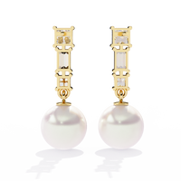 2.1 CTW princess and baguette diamond pearl drop earrings in Yellow Gold, rear view – Lunéa Paris