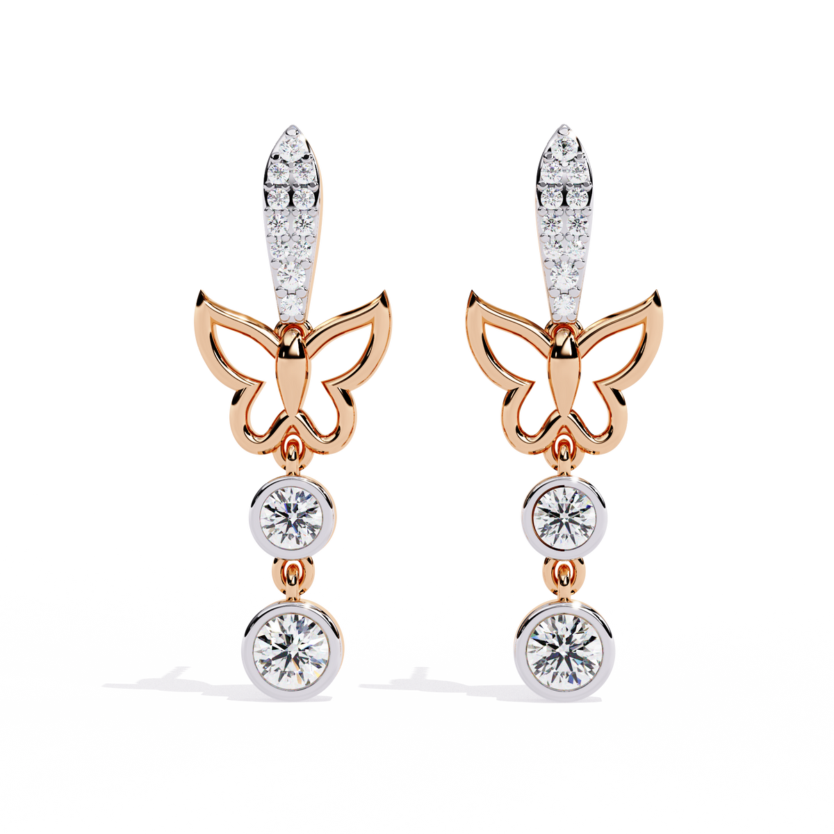 0.6 CTW round diamond butterfly double-drop earrings in Rose Gold, front view – Lunéa Paris
