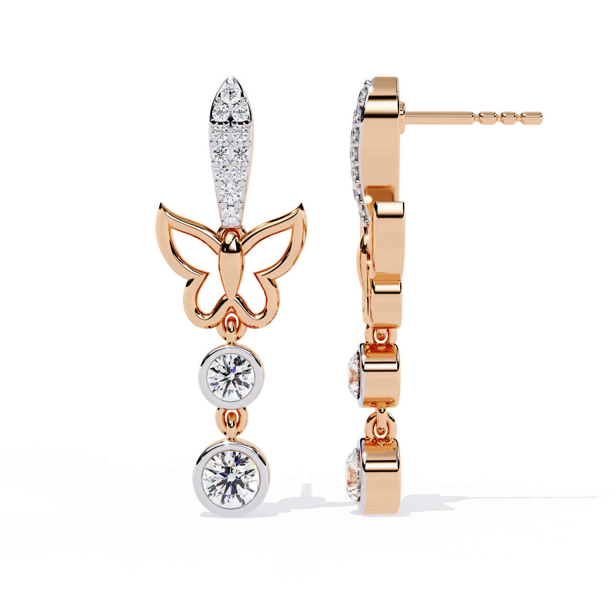 0.6 CTW round diamond butterfly double-drop earrings in Rose Gold, side view – Lunéa Paris