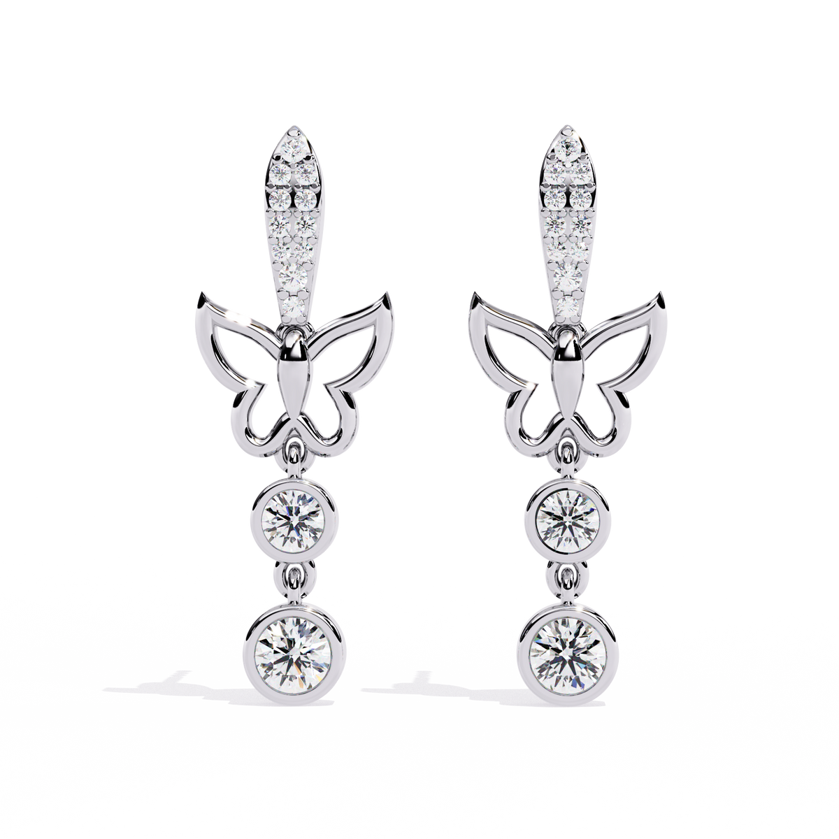 0.6 CTW round diamond butterfly double-drop earrings in White Gold, front view – Lunéa Paris