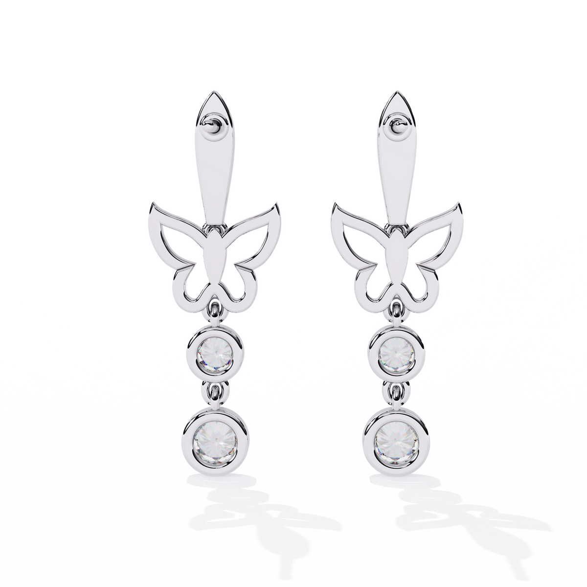 0.6 CTW round diamond butterfly double-drop earrings in White Gold, rear view – Lunéa Paris