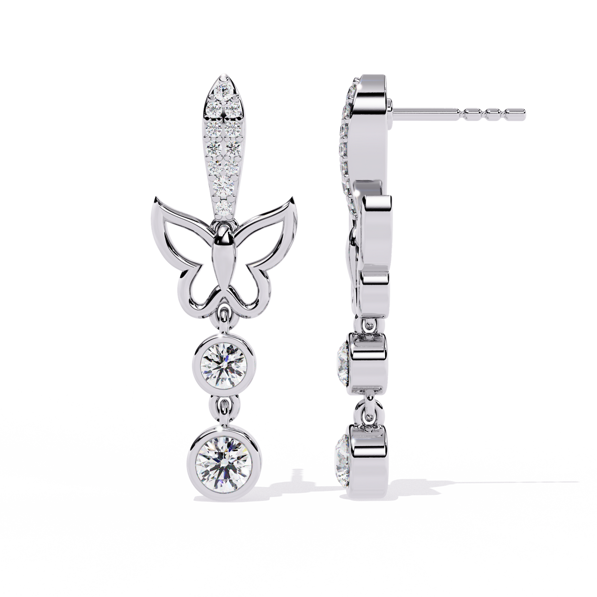 0.6 CTW round diamond butterfly double-drop earrings in White Gold, side view – Lunéa Paris