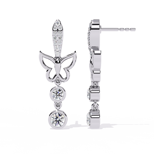 0.6 CTW round diamond butterfly double-drop earrings in White Gold, side view – Lunéa Paris