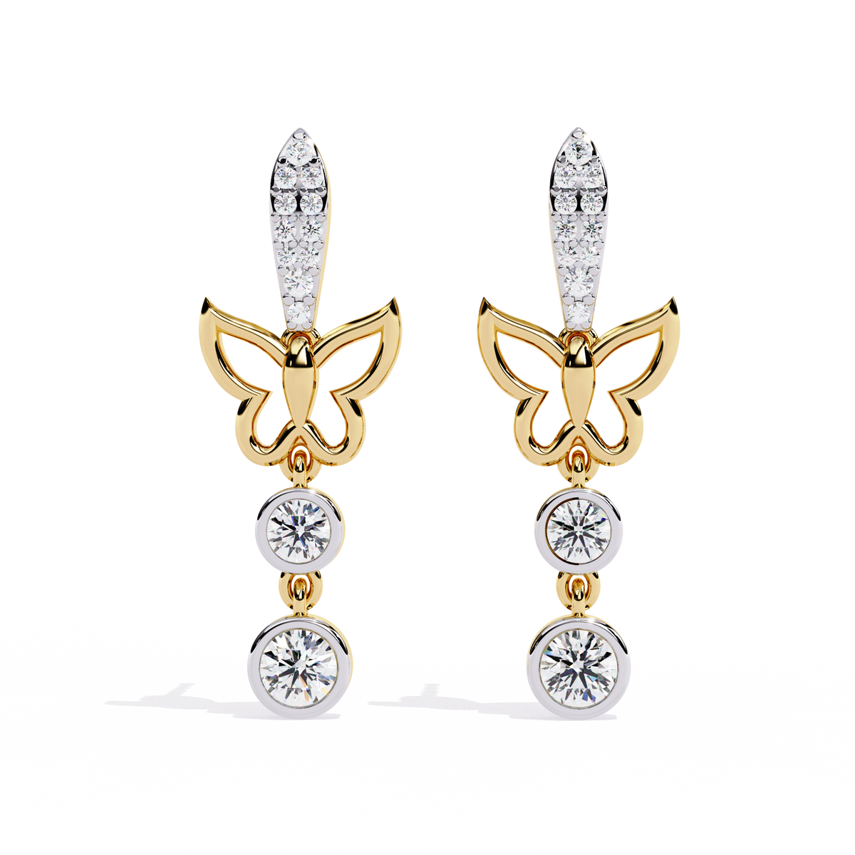 0.6 CTW round diamond butterfly double-drop earrings in Yellow Gold, front view – Lunéa Paris