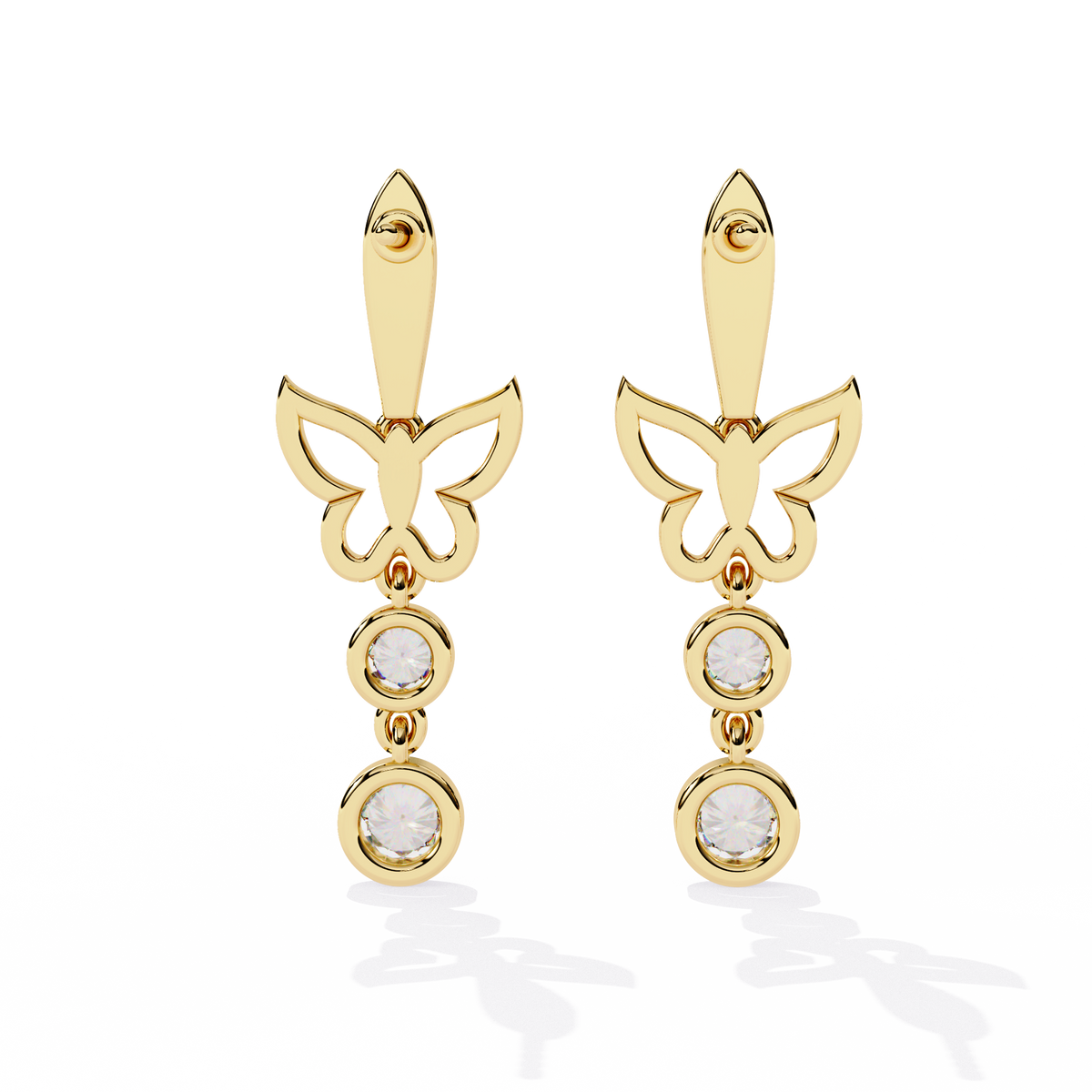0.6 CTW round diamond butterfly double-drop earrings in Yellow Gold, rear view – Lunéa Paris