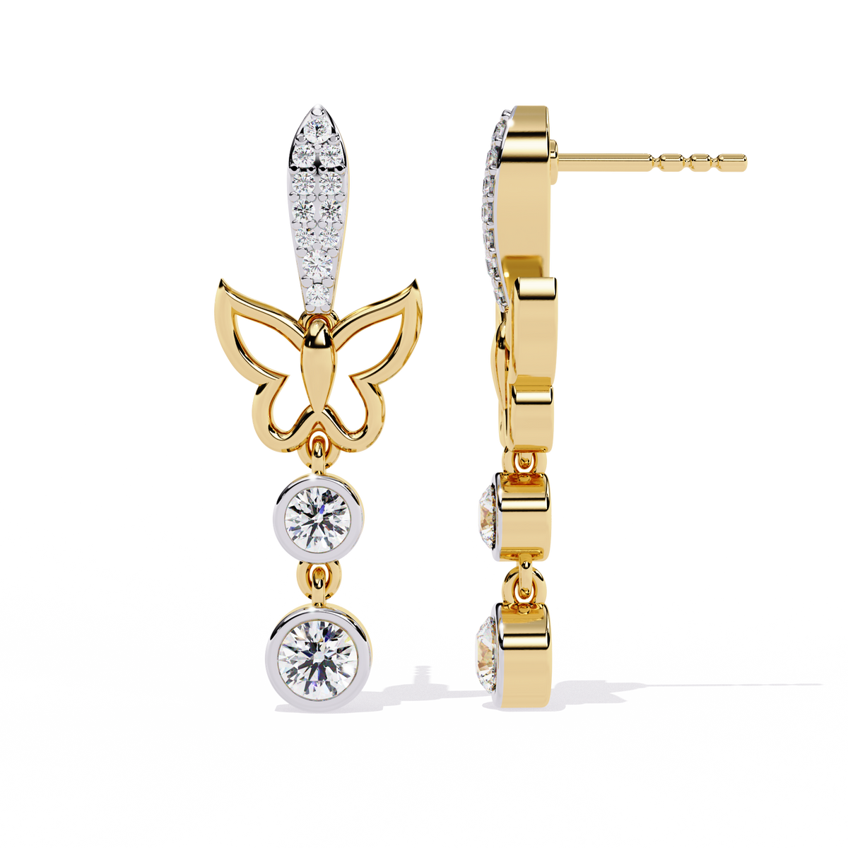 0.6 CTW round diamond butterfly double-drop earrings in Yellow Gold, side view – Lunéa Paris