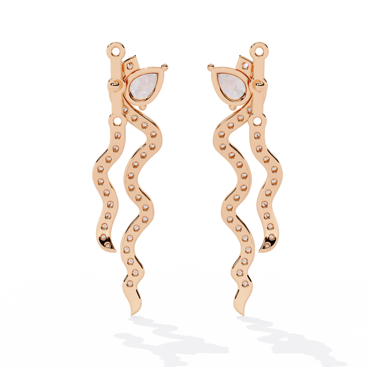 0.8 CTW pear and round diamond wavy drop earrings in Rose Gold, rear view – Lunéa Paris
