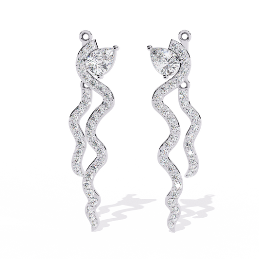 0.8 CTW pear and round diamond wavy drop earrings in White Gold, front view – Lunéa Paris