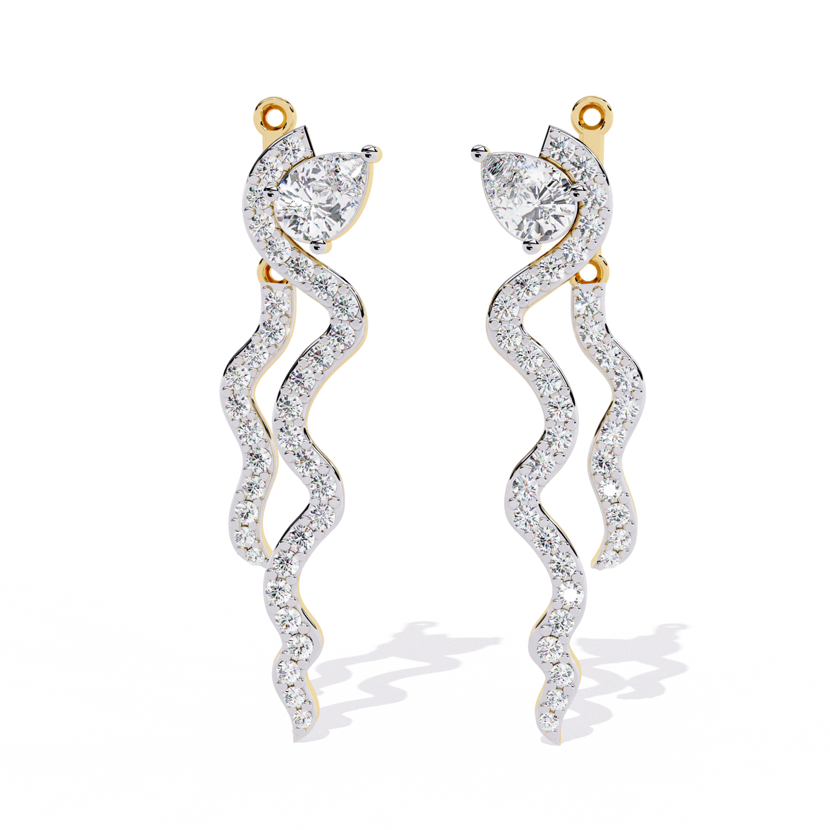 0.8 CTW pear and round diamond wavy drop earrings in Yellow Gold, front view – Lunéa Paris
