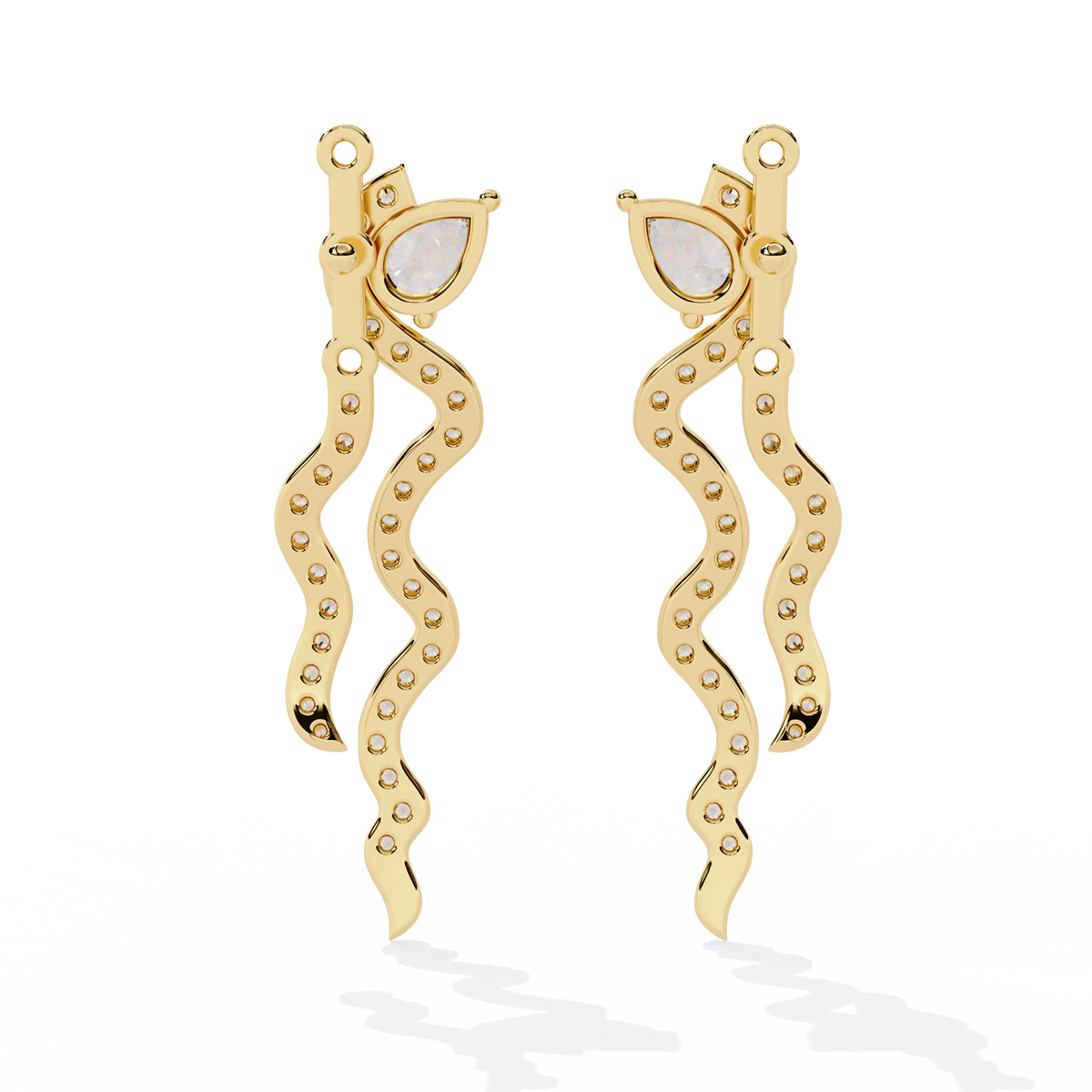 0.8 CTW pear and round diamond wavy drop earrings in Yellow Gold, rear view – Lunéa Paris