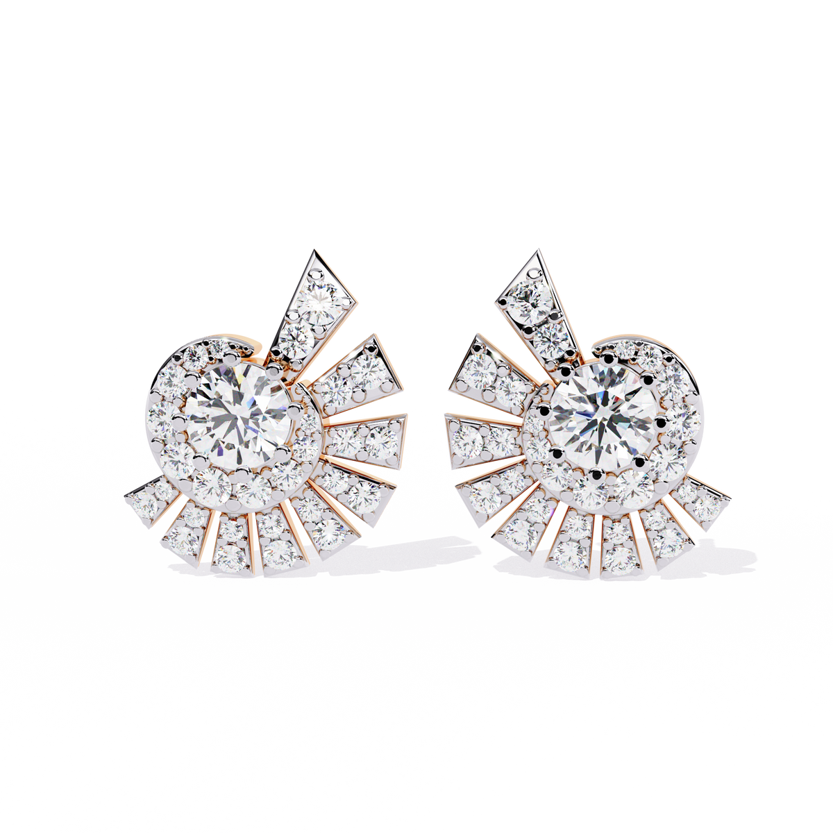 1.7 CTW round diamond fan-cluster stud earrings in Rose Gold, front view – Lunéa Paris