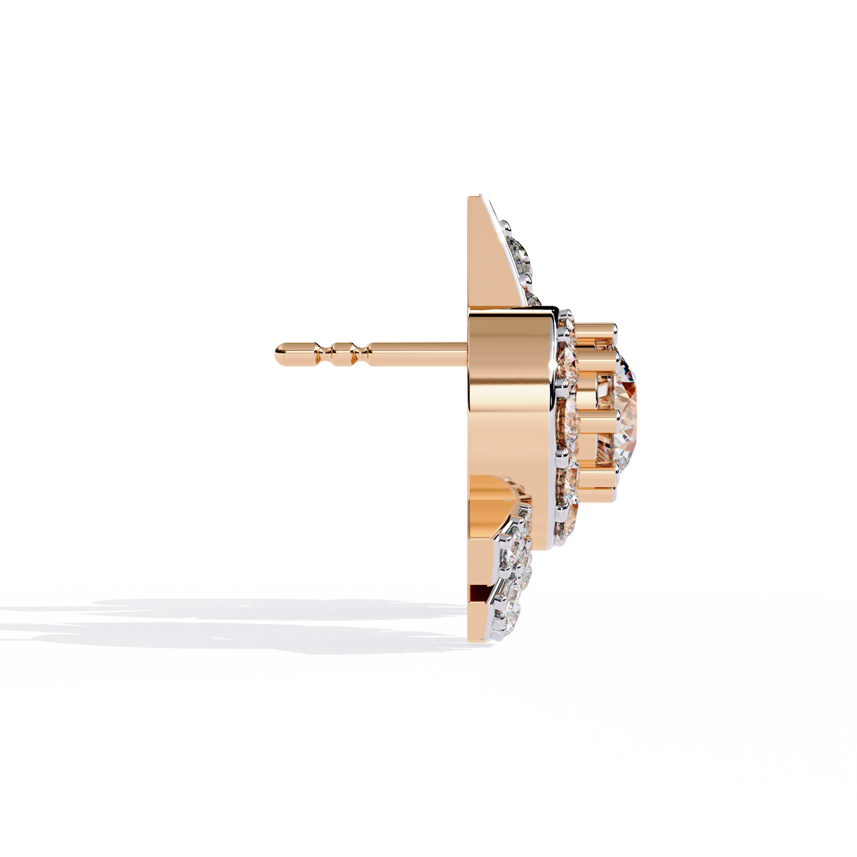 1.7 CTW round diamond fan-cluster stud earrings in Rose Gold, side view – Lunéa Paris