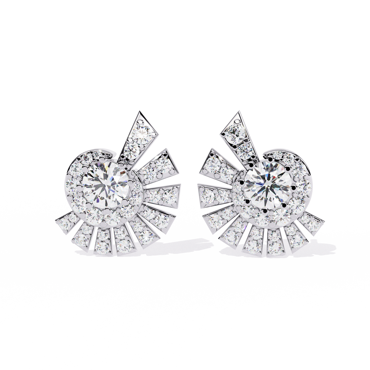 1.7 CTW round diamond fan-cluster stud earrings in White Gold, front view – Lunéa Paris