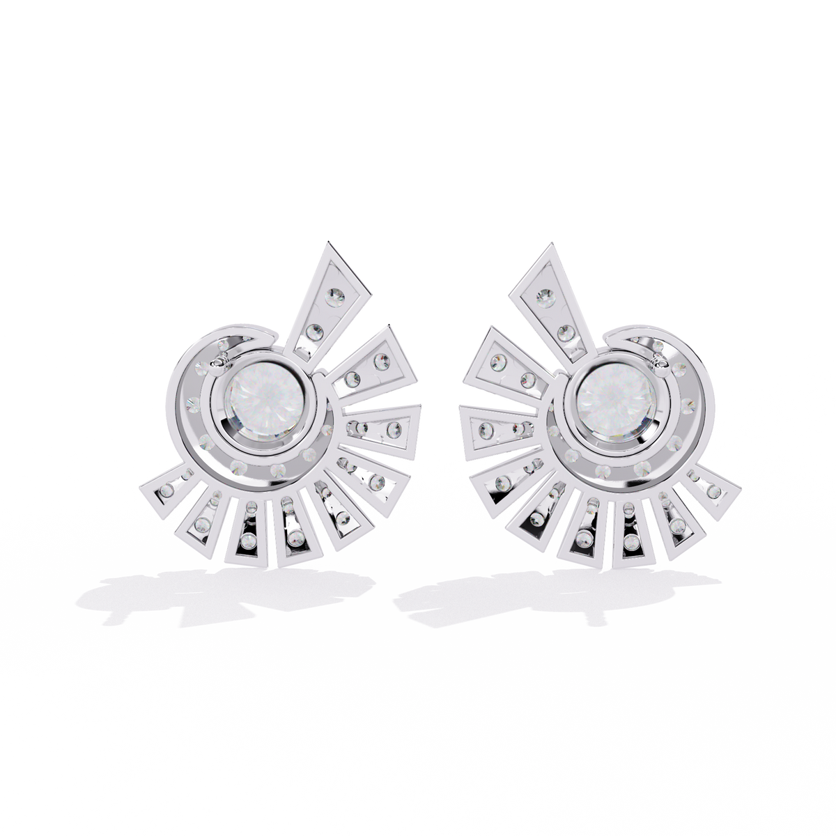 1.7 CTW round diamond fan-cluster stud earrings in White Gold, rear view – Lunéa Paris