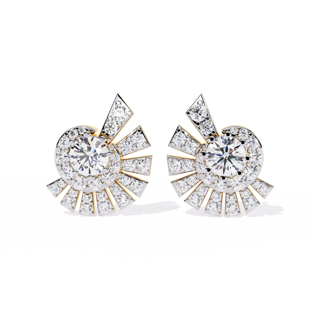1.7 CTW round diamond fan-cluster stud earrings in Yellow Gold, front view – Lunéa Paris