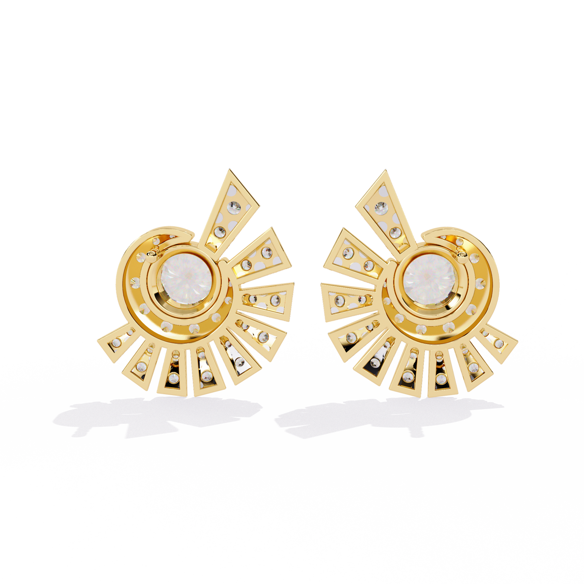 1.7 CTW round diamond fan-cluster stud earrings in Yellow Gold, rear view – Lunéa Paris