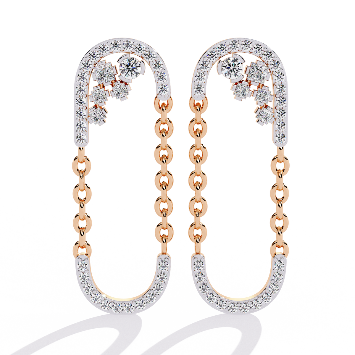 0.5 CTW princess and round diamond oval-link drop stud earrings in Rose Gold, alternate front view – Lunéa Paris