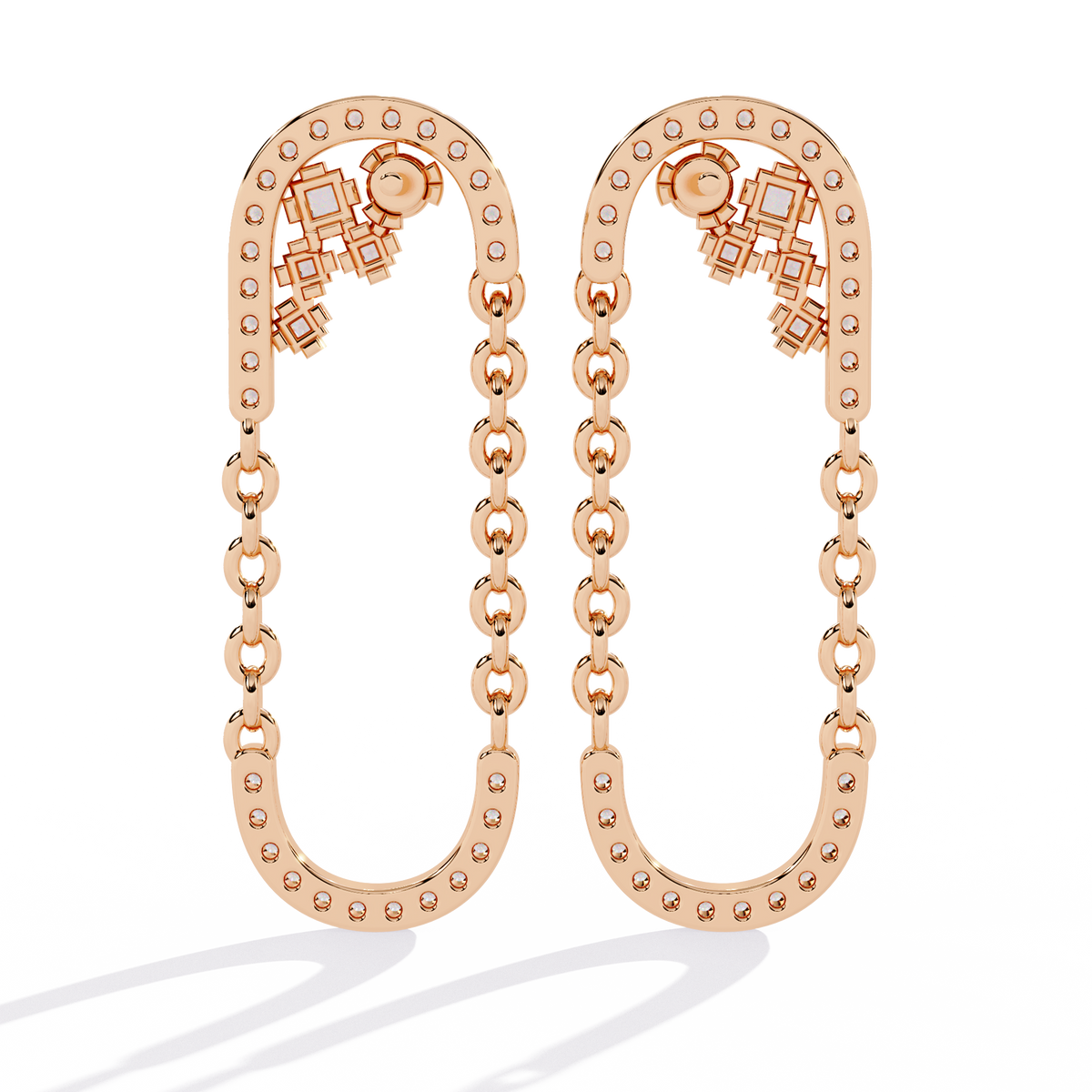 0.5 CTW princess and round diamond oval-link drop stud earrings in Rose Gold, front view – Lunéa Paris