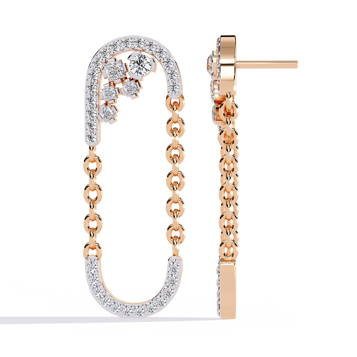 0.5 CTW princess and round diamond oval-link drop stud earrings in Rose Gold, side view – Lunéa Paris