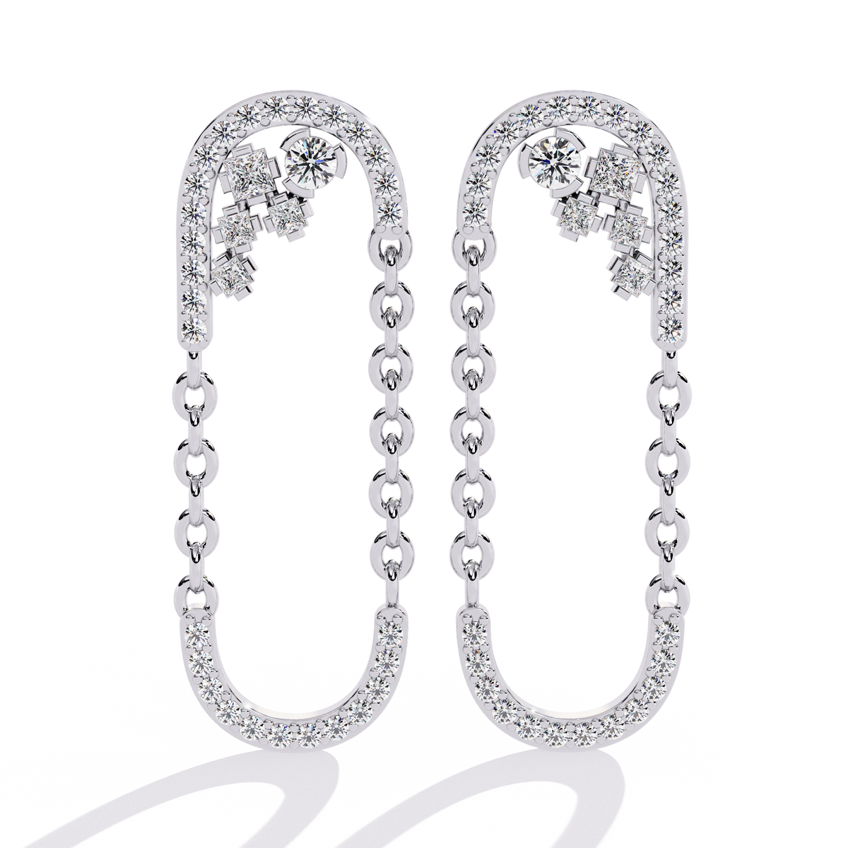 0.5 CTW princess and round diamond oval-link drop stud earrings in White Gold, alternate front view – Lunéa Paris