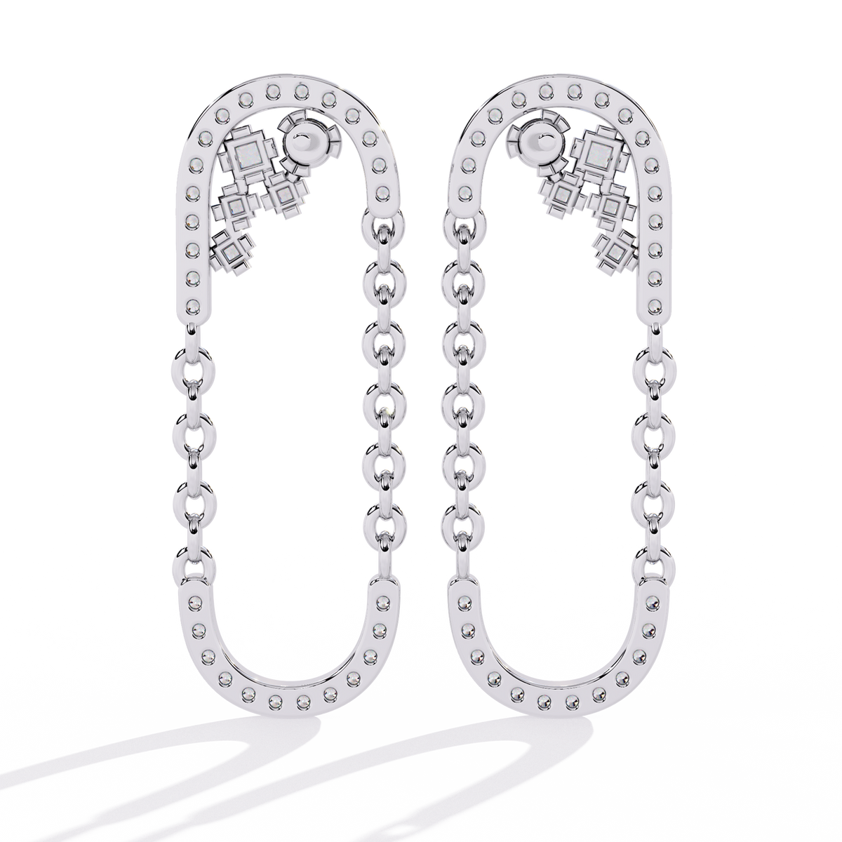 0.5 CTW princess and round diamond oval-link drop stud earrings in White Gold, front view – Lunéa Paris