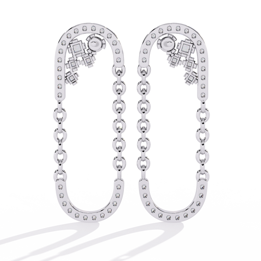 0.5 CTW princess and round diamond oval-link drop stud earrings in White Gold, front view – Lunéa Paris