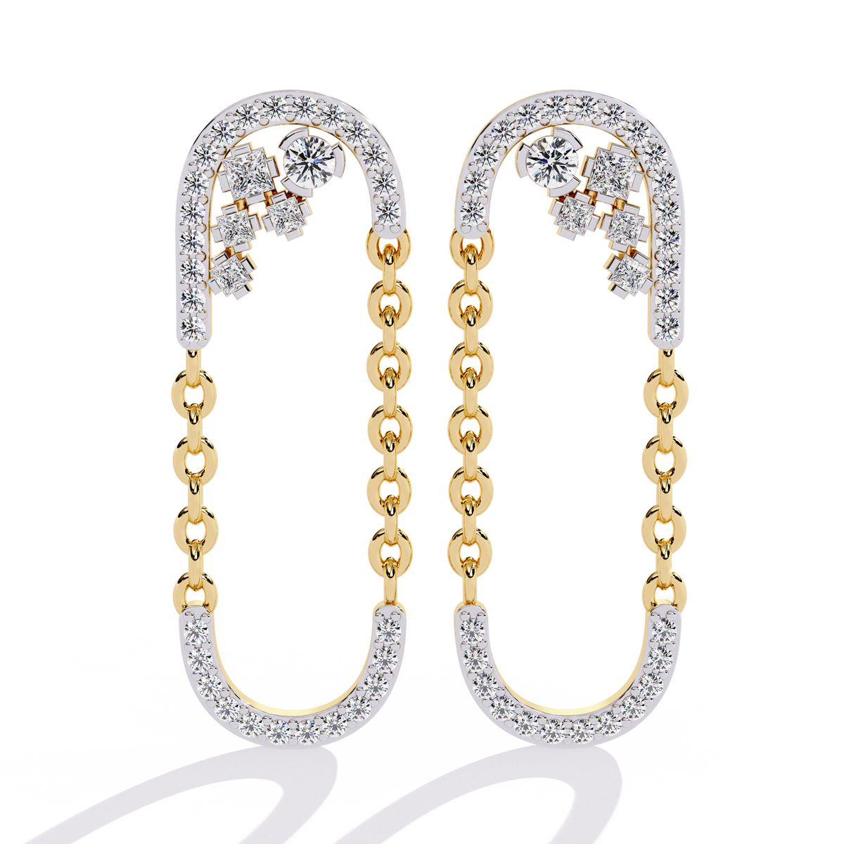0.5 CTW princess and round diamond oval-link drop stud earrings in Yellow Gold, alternate front view – Lunéa Paris