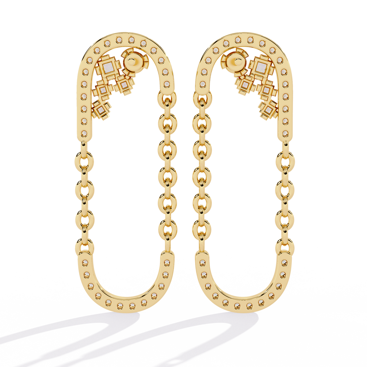 0.5 CTW princess and round diamond oval-link drop stud earrings in Yellow Gold, front view – Lunéa Paris