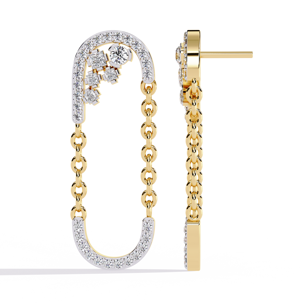 0.5 CTW princess and round diamond oval-link drop stud earrings in Yellow Gold, side view – Lunéa Paris