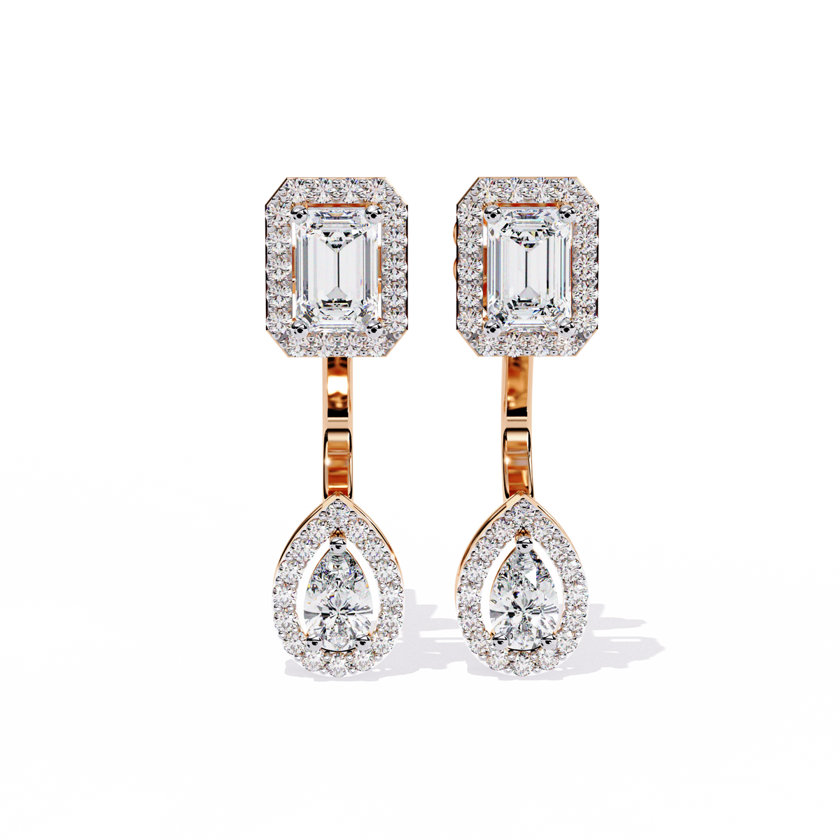 2.1 CTW emerald and pear halo diamond drop earrings in Rose Gold, front view – Lunéa Paris