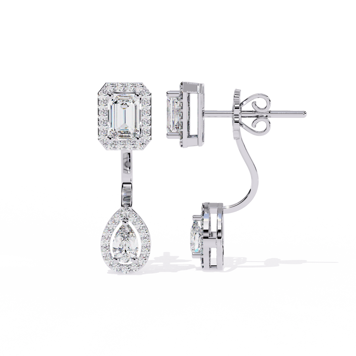 2.1 CTW emerald and pear halo diamond drop earrings in White Gold, angled view – Lunéa Paris