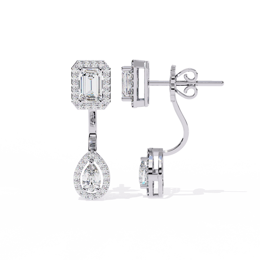 2.1 CTW emerald and pear halo diamond drop earrings in White Gold, angled view – Lunéa Paris