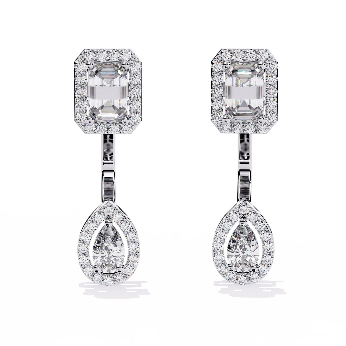 2.1 CTW emerald and pear halo diamond drop earrings in White Gold, front view – Lunéa Paris