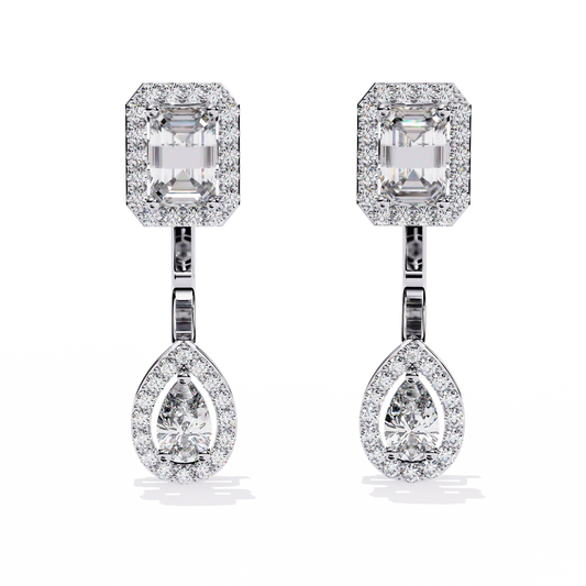 2.1 CTW emerald and pear halo diamond drop earrings in White Gold, front view – Lunéa Paris