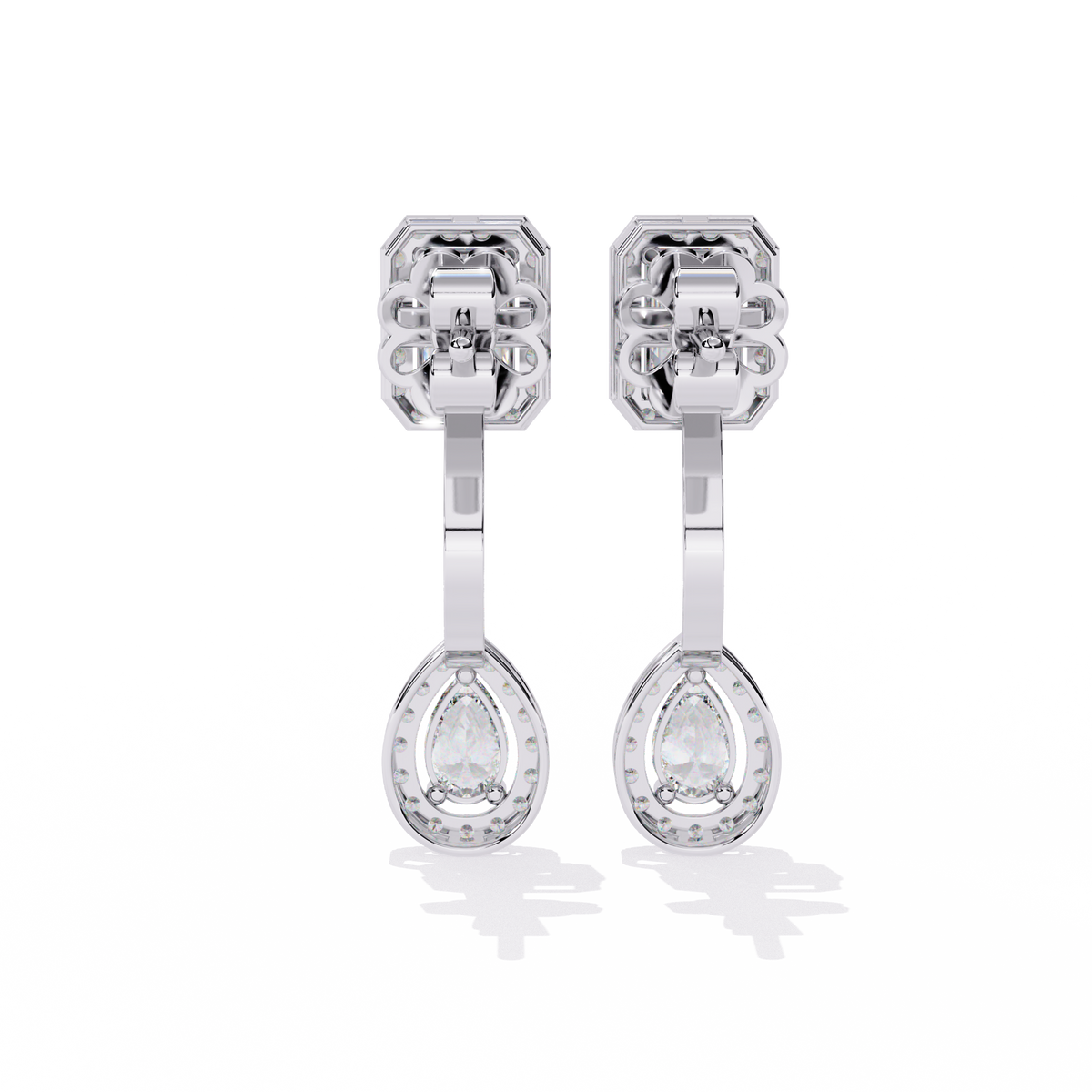 2.1 CTW emerald and pear halo diamond drop earrings in White Gold, rear view – Lunéa Paris