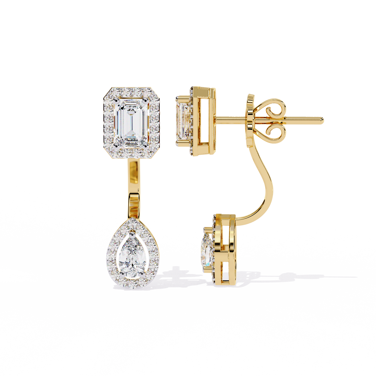 2.1 CTW emerald and pear halo diamond drop earrings in Yellow Gold, angled view – Lunéa Paris